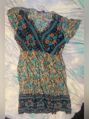 BloomChic Teal & Rust Floral Midi Dress